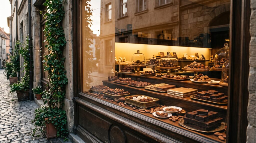 ヨーロッパの石畳の街にあるチョコレート店のショーウィンドウ