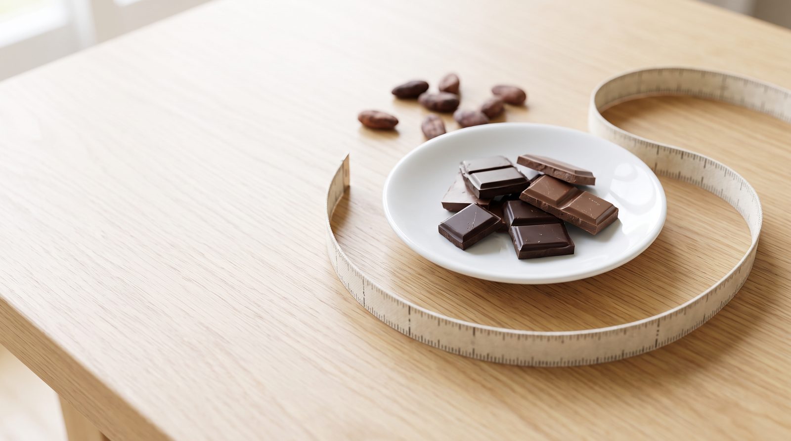 小皿に少しだけ盛ったチョコレートとメジャー