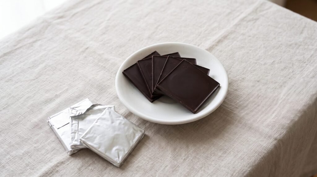小皿に並べた正方形の薄いダークチョコレート