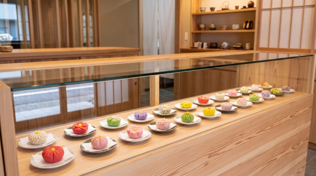 モダンな和菓子店のショーケースに並ぶ上生菓子