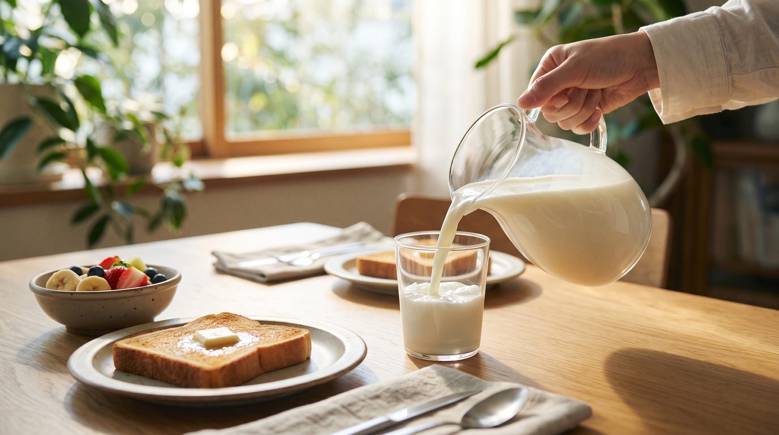 朝の食卓でグラスに注がれる牛乳
