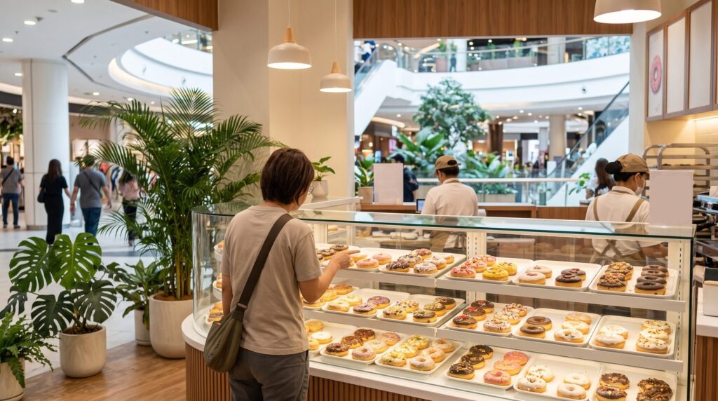 東南アジアのショッピングモールにある明るいドーナツ店